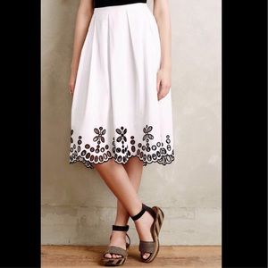 Anthropologie White Midi Skirt with Black Embroidery
